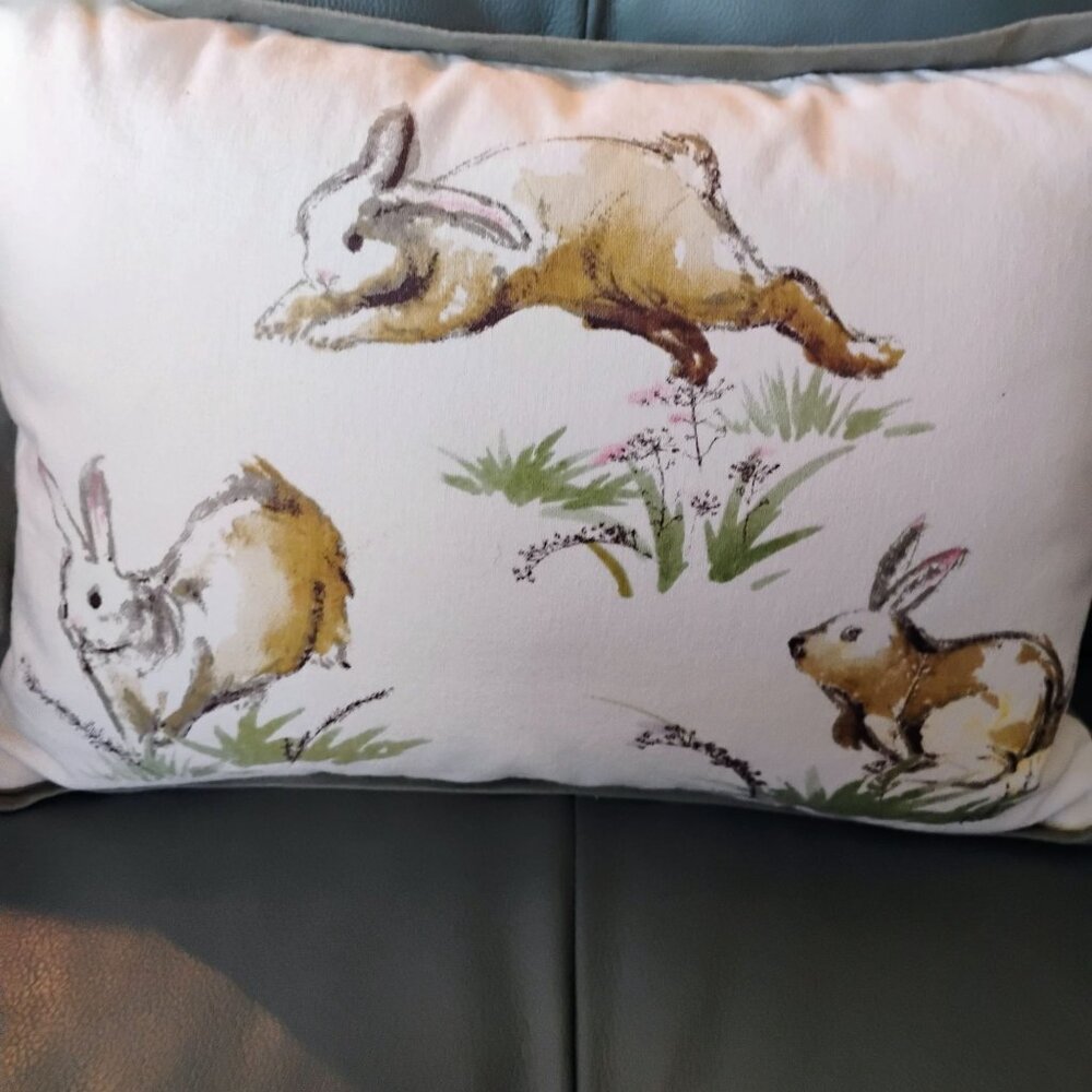Pottery Barn Easter Bunny Hopping Rabbits Lumbar Pillow Cover w/Insert 16"x12" - Picture 2 of 9